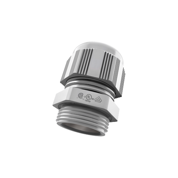 IP68-rated plastic cable gland installed on an enclosure, providing a sealed cable entry point with protection against dust and water ingress.